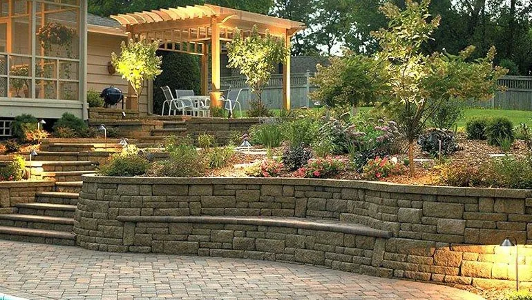 Custom built retaining wall at a residential property in West Des Moines, IA.