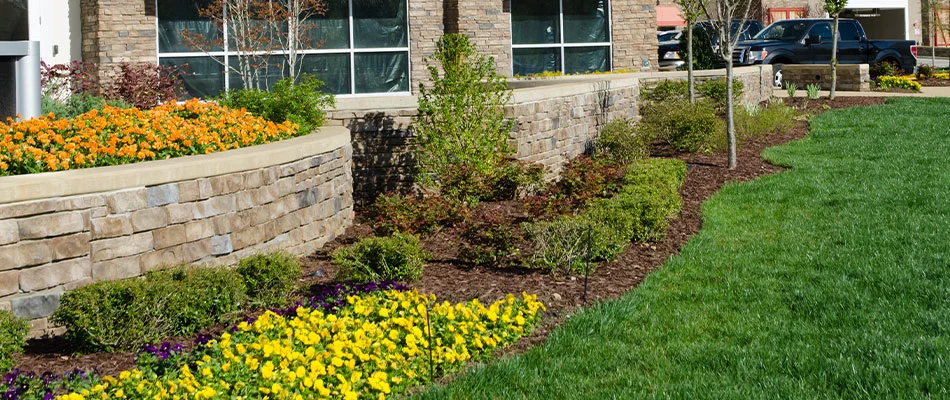 Landscape installation with flowers in front of a commercial building in  West Des Moines, IA.