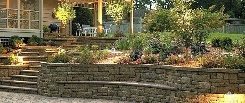 Stone retaining walls and steps at a home in Des Moines, Iowa.