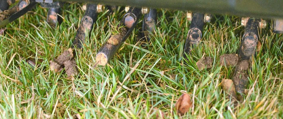 Aerator on a lawn in Des Moines, IA.