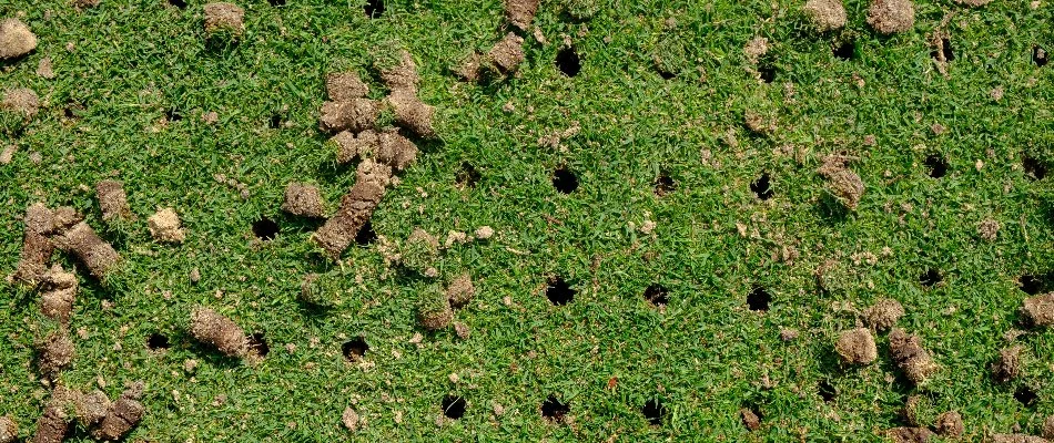 Holes and soil cores on a lawn in Des Moines, IA.
