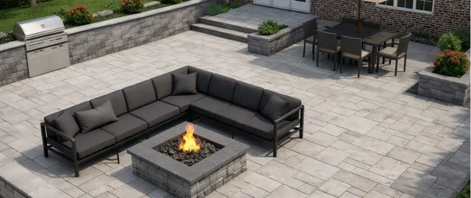 Patio in Des Moines, IA, with fire pit, outdoor kitchen, and seating areas.