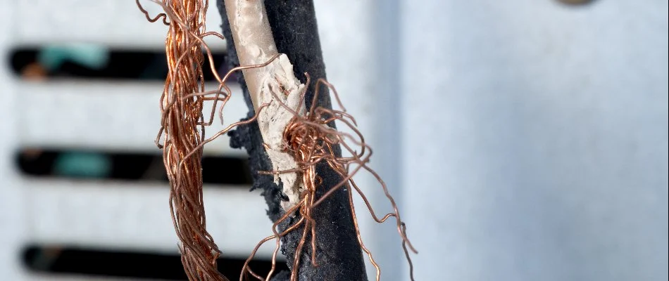 Damaged wires chewed by rats in Des Moines, IA.