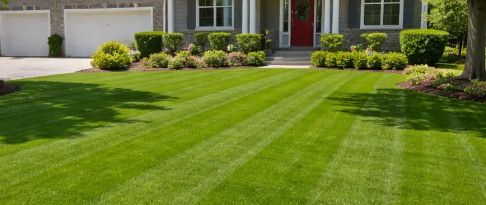 Shrubs and fertilized green grass in Des Moines, IA.