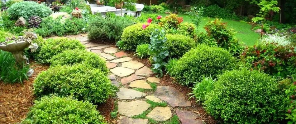Shrubs and flowers along a walkway in Des Moines, IA.