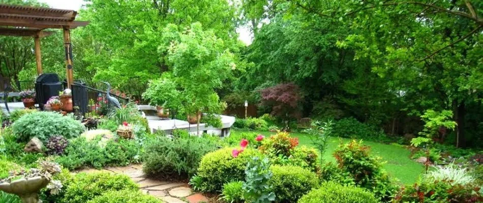 Garden in Des Moines, IA, with beautiful trees, shrubs, and flowers.