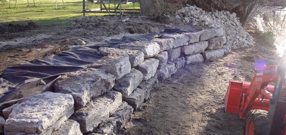 New rock retaining wall constructed at a home in Windsor Heights, Iowa