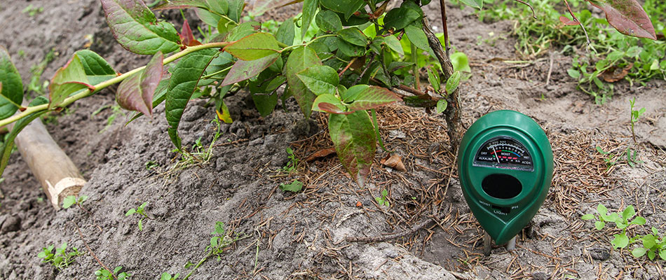 A green soil testing device in use at our client's property in Norwalk, IA.