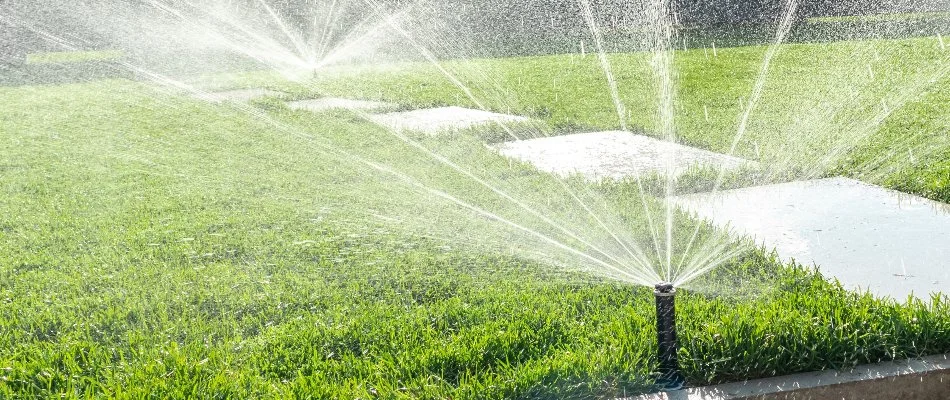 Irrigation sprinkler heads watering a lawn in Norwoodville, IA.