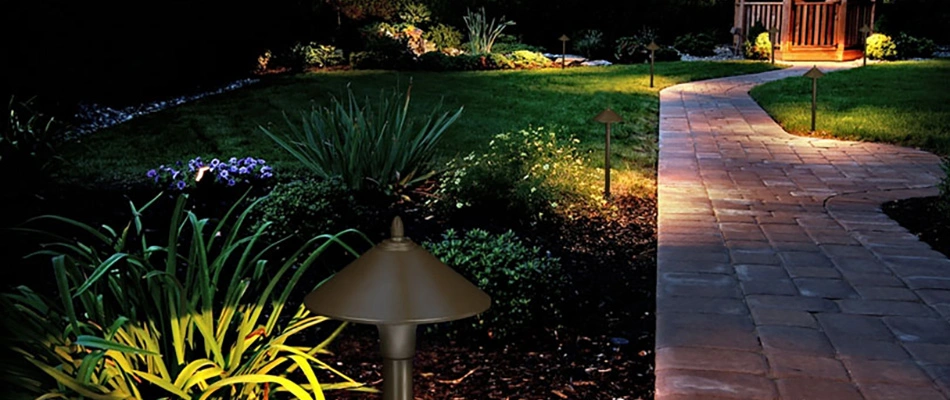 Landscape lighting installed by landscape bed in Des Moines, IA.