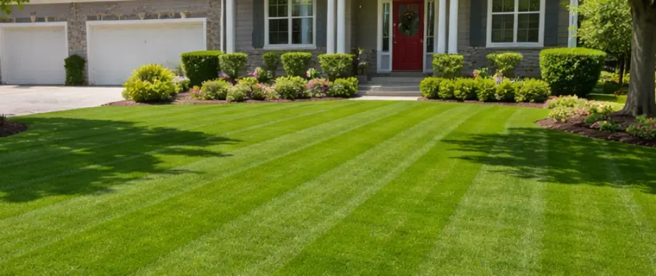 Mowed green grass and trimmed shrubs in Norwoodville, IA.