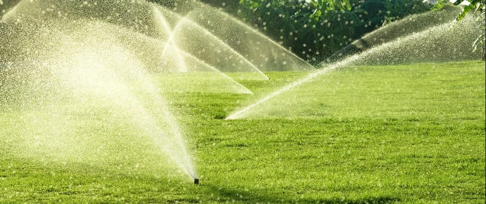 Sprinkler heads spraying water on a lawn in Des Moines, IA.