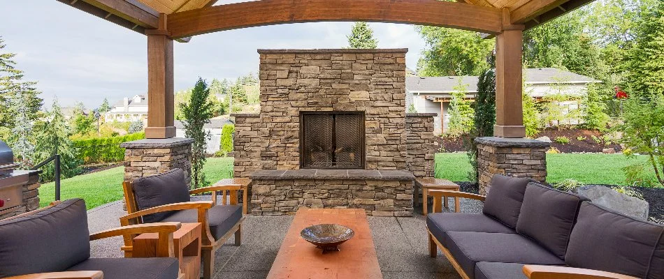 Outdoor fireplace on a property in Des Moines, IA.