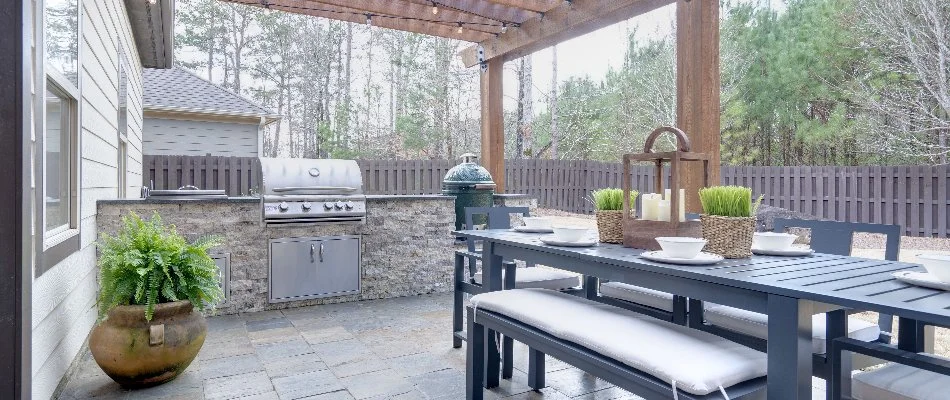 Outdoor kitchen with grill and green egg in Des Moines, IA.