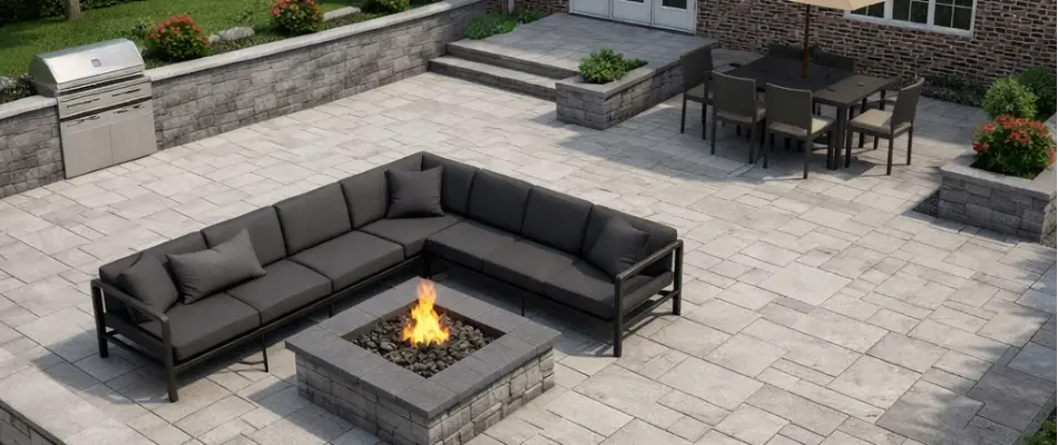Patio in Norwoodville, IA, with outdoor kitchen and fire pit.