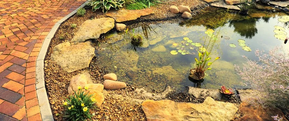Pond near a paver walkway in Des Moines, IA.
