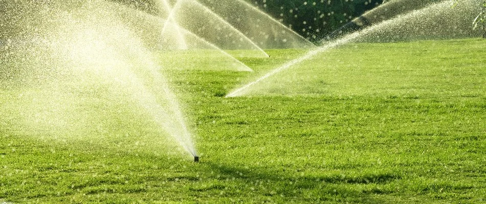 Sprinklers spraying on a large lawn in Des Moines, IA.